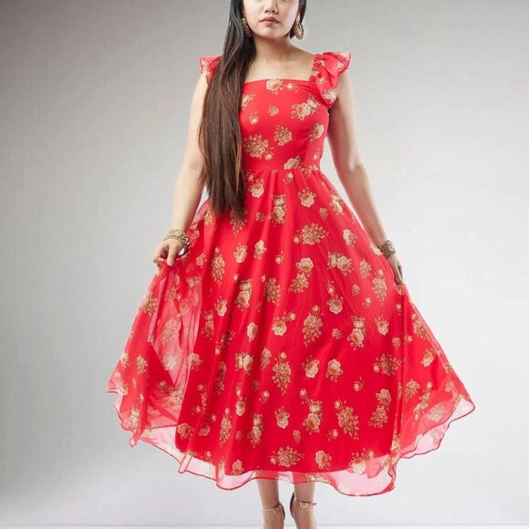 Red Printed Chiffon Ankle-Length Dress | Muvvas Boutique - Picture 2 of 5